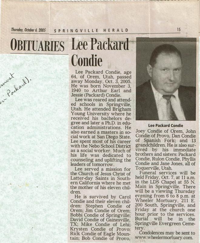 Lee Packard Condie obituary from the Springville Herald